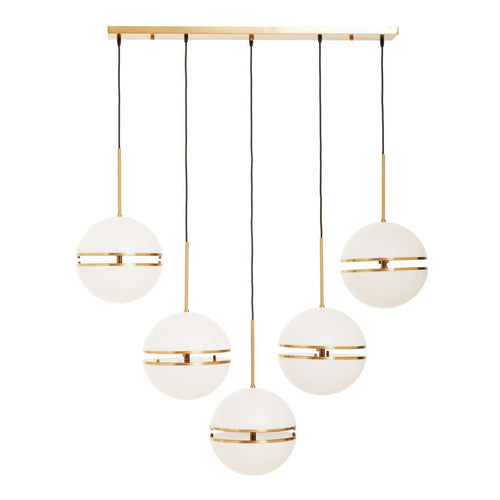 A metal linear ball light, consisting of 5 metal balls, with gilt accents on a long gilt metal ceiling rose. A perfect Kitchen Island or Dining Table Light, adding glamour and most importantly a lot of light.