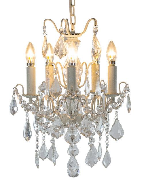 5 Branch classic shaped crystal chandelier on a white frame