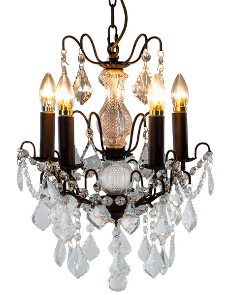 Pretty 5 branch crystal chandelier on a bronze frame, the darker colour reflecting the crystal beautifuuly - great hall or bedroom lighting.