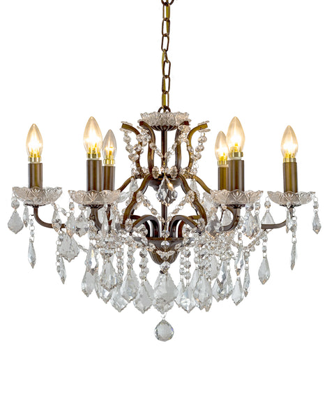 The bronze metal of this chandelier perfectly enhances the shine of the crystal drops.