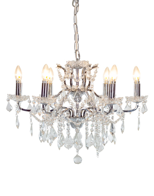 Dramatic 6 branch chrome shallow chandelier, perfect if you don't have a high ceiling a mass of crystal. In the chrome finish really complements a contemporary setting.