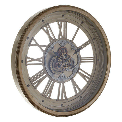 Moving cog clock in antiqued iron wooden frame, exceptional size and finish.  W: 82 cm D: 16 cm