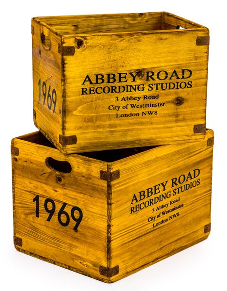 Vinyl record crates with Abbey Road inscription. Two sizes perfect for your vinyl collection or anything else you wish to store in these vintage style boxes.
