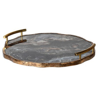 Dark, richly coloured agate tray in a brushed antique brass frame with 2 brushed brass handles. A really luxurious looking, substantial tray.&nbsp;