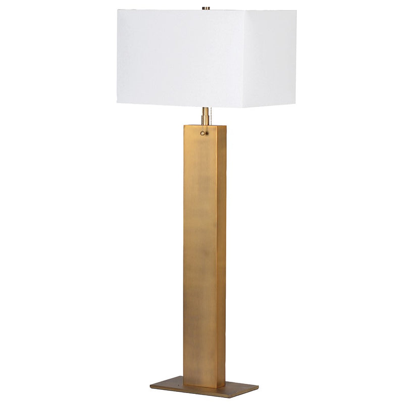 Aged Brass Table Lamp With Shade 98 cmTall, elegant aged brass table lamp in a column shape with contrasting white rectangular shade. Exceptionally tall, to add a dramatic statement to a room.