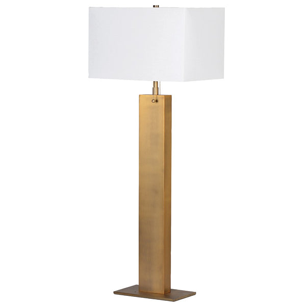 Aged Brass Table Lamp With Shade 98 cmTall, elegant aged brass table lamp in a column shape with contrasting white rectangular shade. Exceptionally tall, to add a dramatic statement to a room.