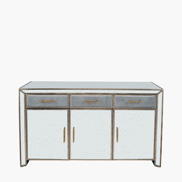 A really impressive piece of furniture, long with aged mirrored glass and gilt wooden accents and gilt handles. The 3 drawers are covered in a matching grey velvet fabric. An absolutely stunning statement piece, perfect for a larger hall,