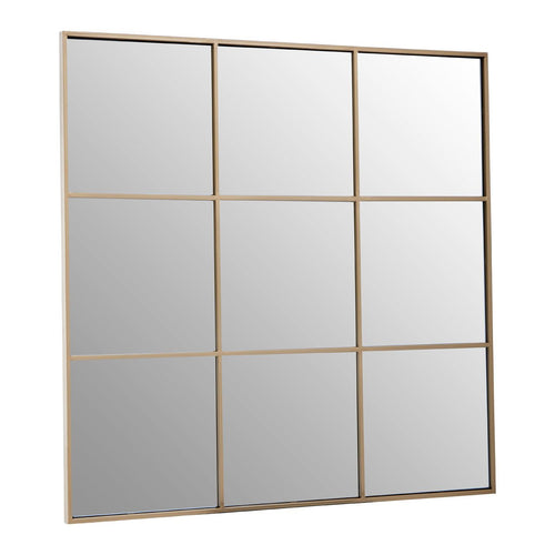 A nine pane square window mirror in a gold painted metal.