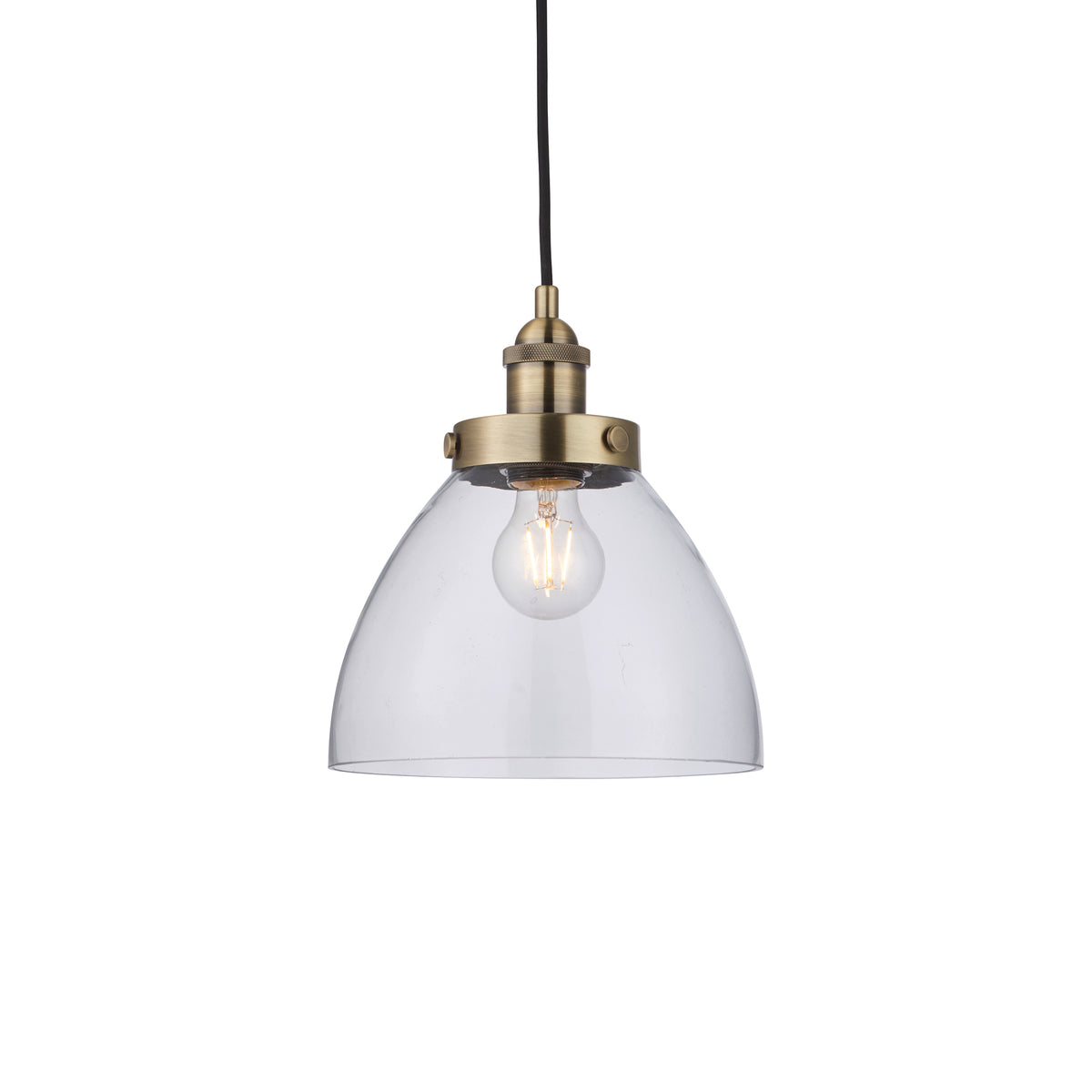 A simple glass and antique brass pendant, clean, simple lines. Great kitchen island light, either alone or in a group.