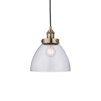A simple glass and antique brass pendant, clean, simple lines. Great kitchen island light, either alone or in a group.