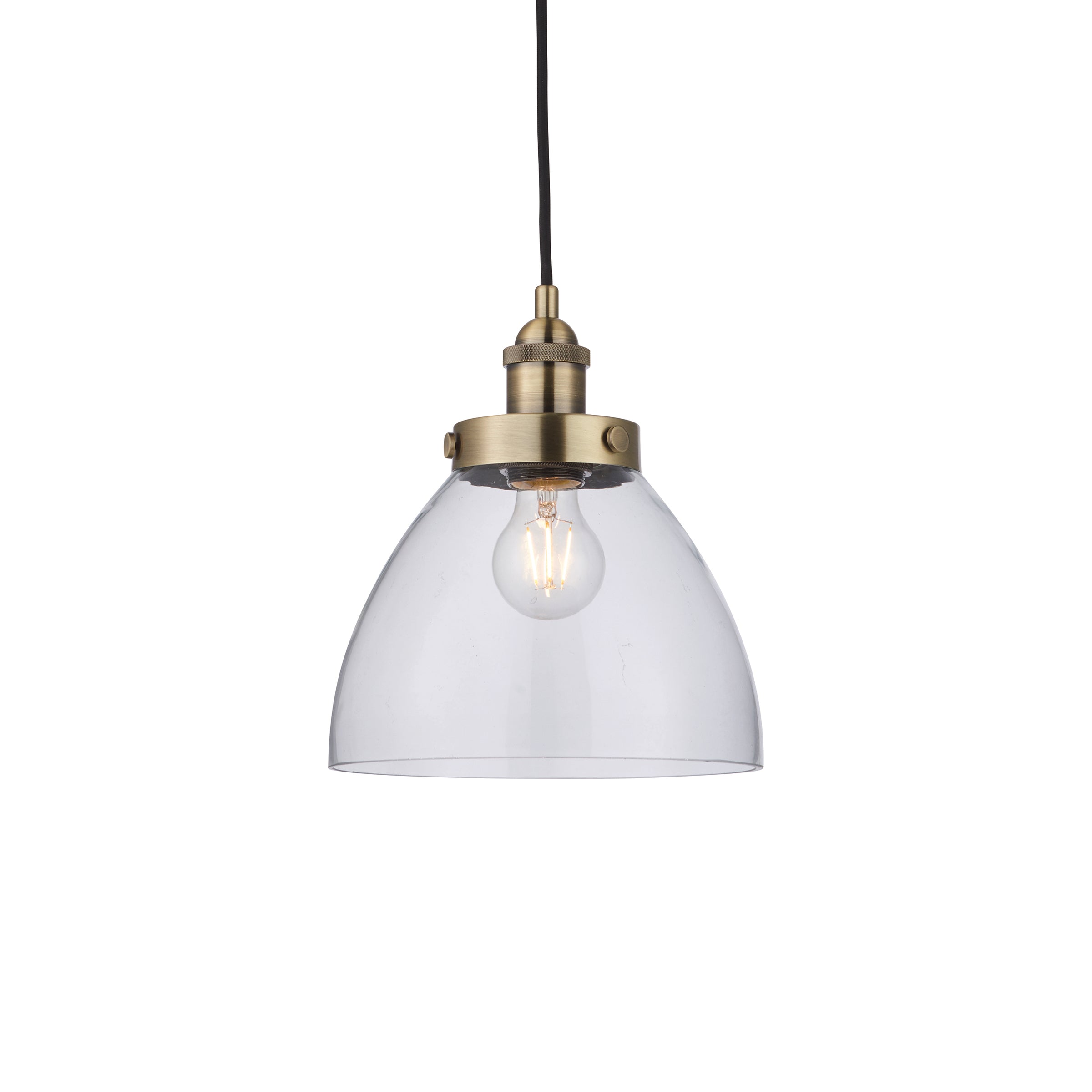 A simple glass and antique brass pendant, clean, simple lines. Great kitchen island light, either alone or in a group.