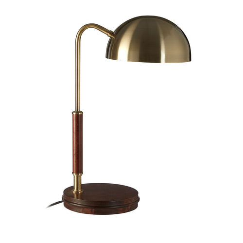  Stylist antique brass with a rounded rubberwood base desk lamp.