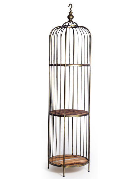 Tall, bird cage style, perfect indoor or outdoor, to display plants or books. The stand has three shelves made of reclaimed wood  H: 200 cm W: 49 cm D: 48 cm