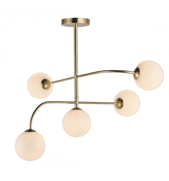 Great asymmetric globe light, spread to look perfect over a dining table or kitchen island in brushed gilt metal with opaque globes.  W: 80 cm D: 80 cm H: 58 cm.