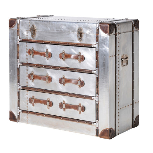 Industrial aluminium and leather bound chest of  drawers.