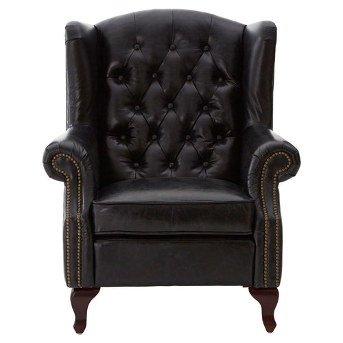 A replica of a typical Victorian button back armchair, in black leather with antique studding. Large and immensely comfortable.