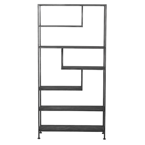 Black iron multi shelf unit, great display or storage piece in industrial black metal.  The depth of this shelf, 27 cm makes it perfect for the narrowest of halls.