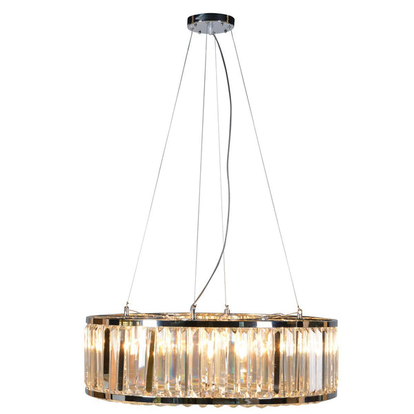 Crystal Chrome Banded Chandelier.  A fabulous light for low ceilings where a room is in need of a glamorous uplift.  Clear suspension wires mean that this light is adjustable and can be hung as low or as high as you wish.   W: 80 cm H: 24 cm. Weight: 26 Kg  Requires 8x E14 small Edison screw bulbs.