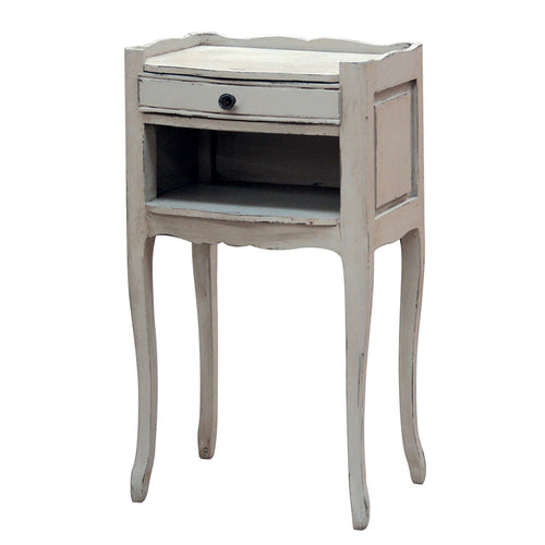 Perfect, classic bedside table in a faded grey painted finish with one drawer and open cabinet. The curved 'Louis' style legs adding to the antique feel of this piece.  W: 37 cm H: 66 cm D: 28 cm