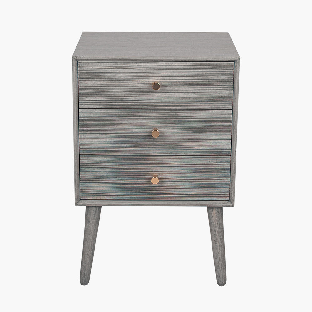 Grey wooden bedside table with 3 drawers and mid century styled legs, roomy, practical and stylish.