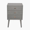 Grey wooden bedside table with 3 drawers and mid century styled legs, roomy, practical and stylish.
