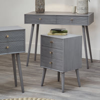 Grey wooden bedside table with 3 drawers and mid century styled legs, roomy, practical and stylish.&nbsp; Perfect with a stylish lamp on the top, practical storage for your bedroom.