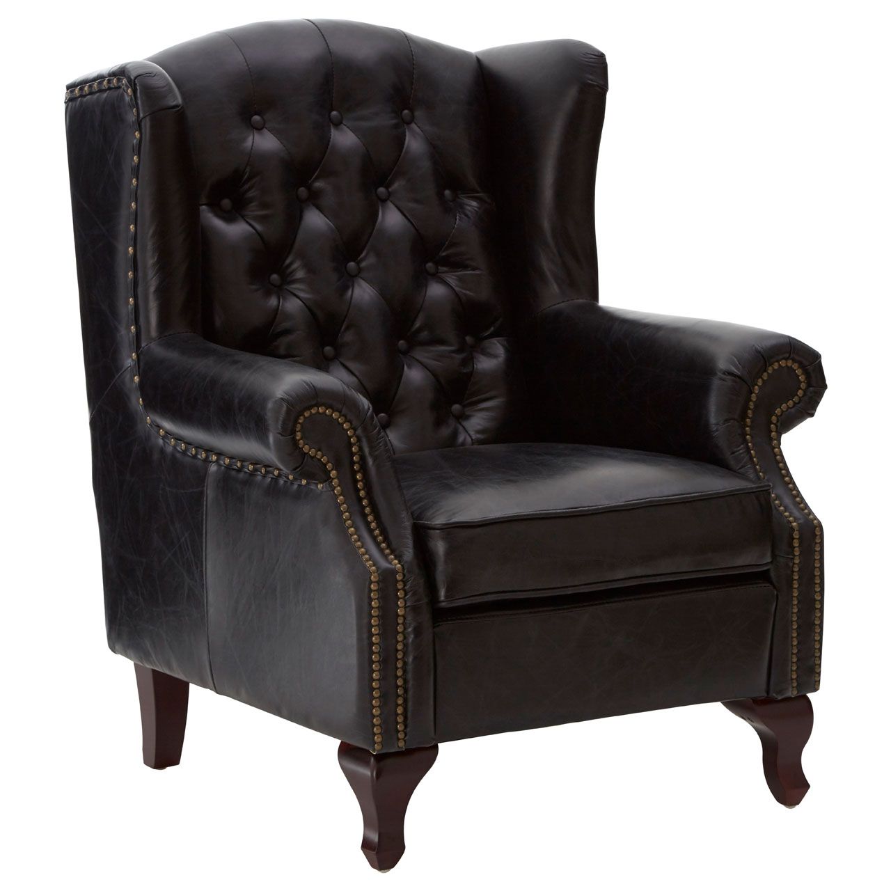A replica of a typical Victorian button back armchair, in black leather with antique studding. Large and immensely comfortable. A great 'Gentlemen's Club' chair for the home.