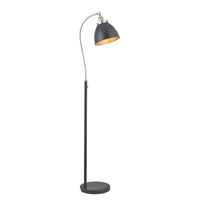 Tall slim profiled, black floor lamp with nickel fittings and gilt inner to the black shade. This lamp is great for a study or to read by, placed by a desk or your favourite chair 