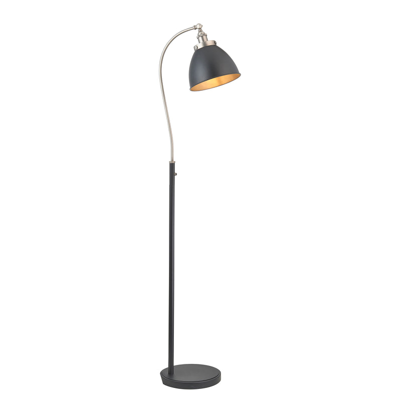 Tall slim profiled, black floor lamp with nickel fittings and gilt inner to the black shade. This lamp is great for a study or to read by, placed by a desk or your favourite chair 