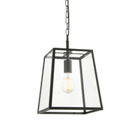 Black trapezoid shaped glass lantern, perfect hall or porch light. It has an industrial twist that suits a period house or the most contemporary interior.