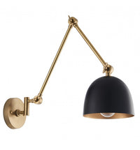 Gold flexible armed wall light with black shade. Industrial style wall light with extended arm. Great living room wall light, perfect in a kitchen or over a dining table.