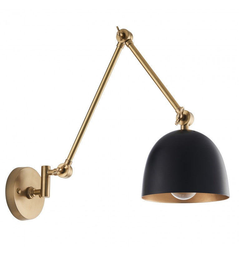 Gold flexible armed wall light with black shade. Industrial style wall light with extended arm. Great living room wall light, perfect in a kitchen or over a dining table.