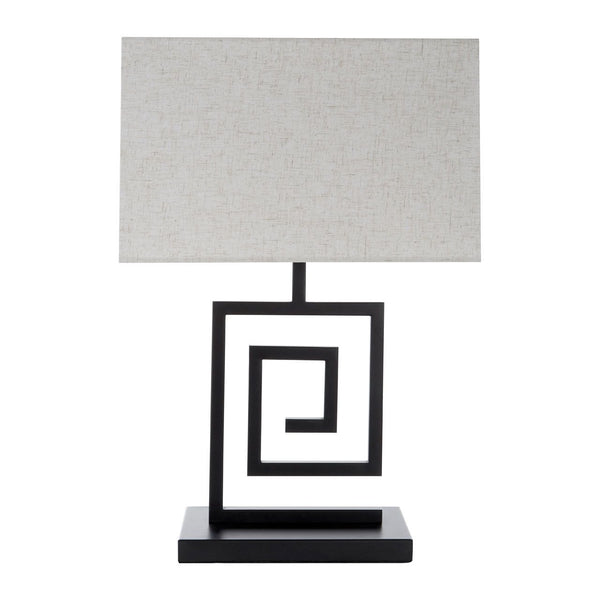 Smaller, black metal geometric style lamp with a neutral coloured rectangular shade, perfect for a smaller space or bedside lamp.