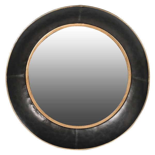 Round black hammered metal rimmed mirror, with gold accents.