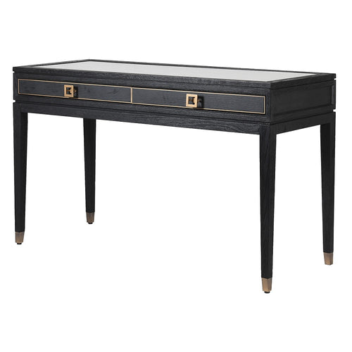 Glass topped ebony black wooden dressing table / desk with 2  drawers.  The glass covering a rattan top and gold metal accents on the drawer handles.