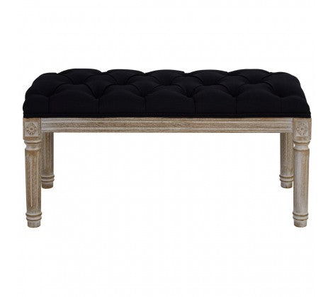 Black linen bench on limewashed wooden legs. Perfect hall or end of bed bench.