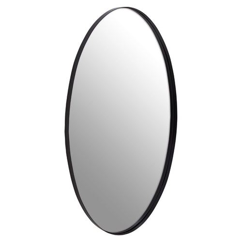 Tall, slim, oval, black metal framed mirror.  Unusual shape, so effective in a smaller space. 