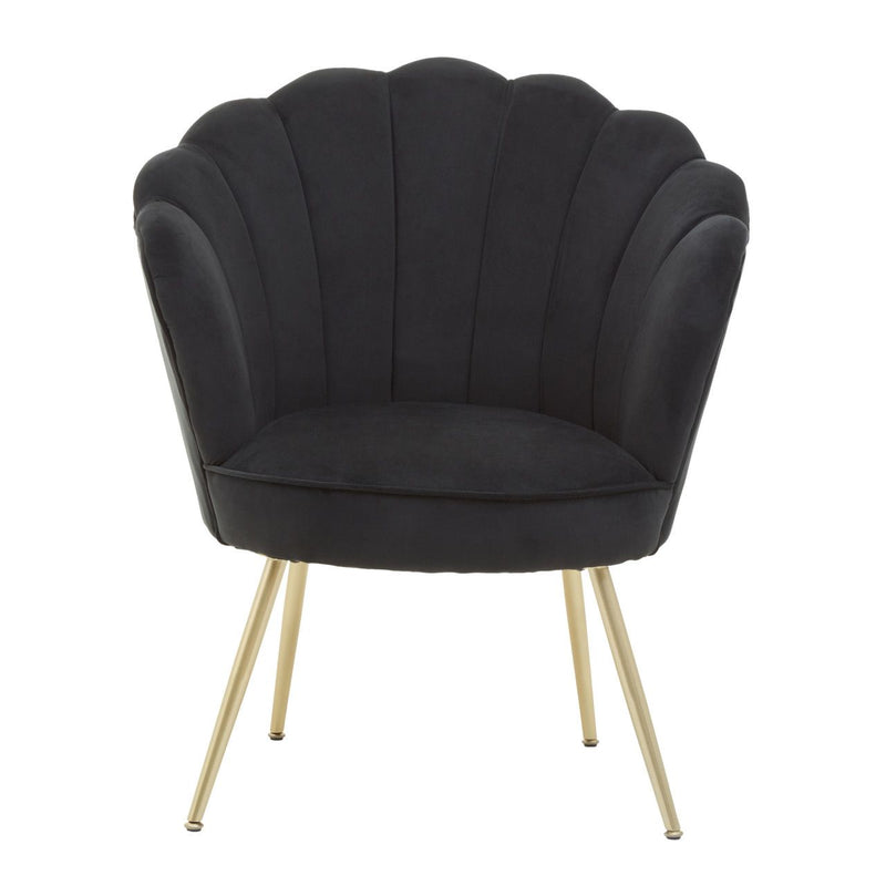 Black velvet 'shell' shaped occasional chair with gilt metal legs, add a touch of elegance and glamour to any room with this chair.