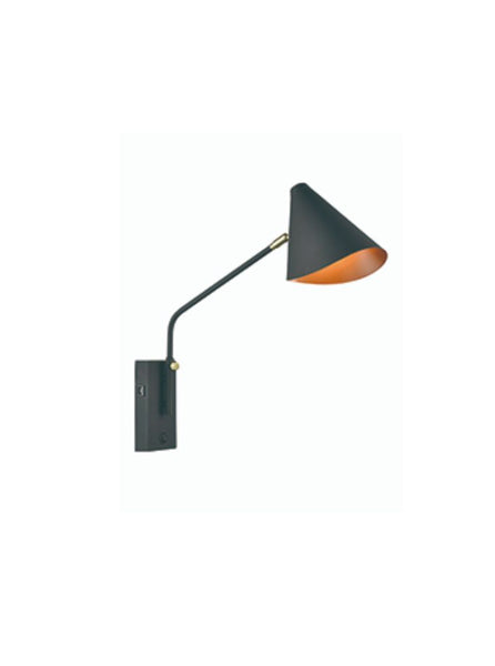 Black metal shaded wall light with gold inner and switch to the back plate, on an adjustable swing arm.