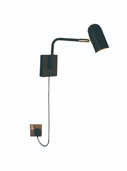 <p>A slender black metal wall light on an extended arm with plug.&nbsp; Convenient and easy to fix onto the wall giving light without having to chase into the wall.&nbsp;&nbsp; The head or shade swivels up and down so you can easily direct the light where needed. <br></p> <p>H: 22 cm W:&nbsp; 8 cm</p> <p>Requires 1 x GU10 Bulb</p>