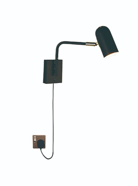 <p>A slender black metal wall light on an extended arm with plug.&nbsp; Convenient and easy to fix onto the wall giving light without having to chase into the wall.&nbsp;&nbsp; The head or shade swivels up and down so you can easily direct the light where needed. <br></p> <p>H: 22 cm W:&nbsp; 8 cm</p> <p>Requires 1 x GU10 Bulb</p>