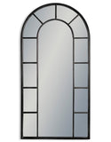 Tall, black arched window mirror with a panel of panes around the edge of the arch.