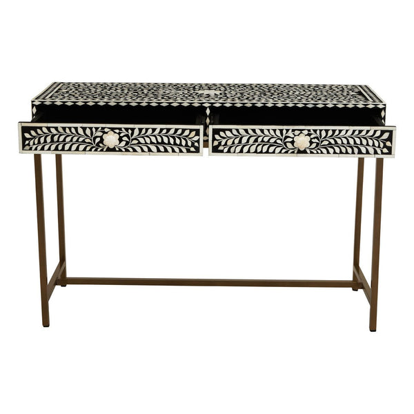 This two drawer console table features a pattern made from individually laid white bone on solid black wood with a gold finish base 