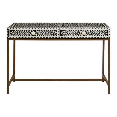 This two drawer console table features a pattern made from individually laid white bone on solid black wood with a gold finish base 