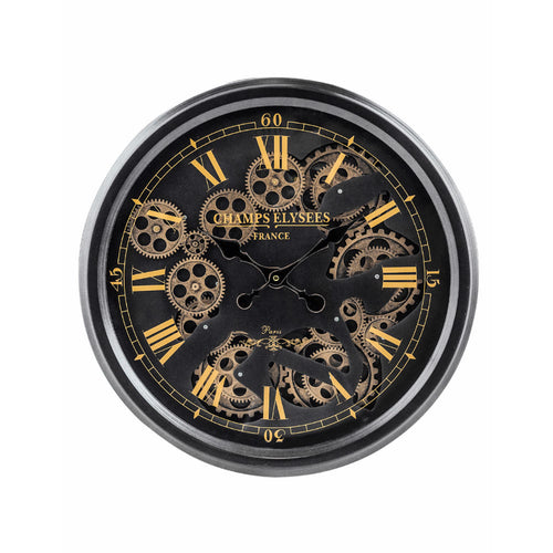 Moving parts cog clock. Black and gold face. Antique finish with visiable working parts.