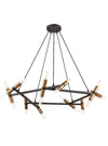 Black suspended wire pendant with 20  angled bulbs in10 gilt bulb holders. Stunning, unusual adjustable black iron pendant with gilt accents on bulb holders.