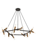 Black suspended wire pendant with 20  angled bulbs in10 gilt bulb holders. Stunning, unusual adjustable black iron pendant with gilt accents on bulb holders.