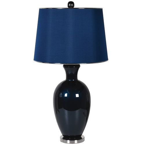 Glass blue coloured lamp base. The lamp is centred onto a chrome base. Classic contemporary look.