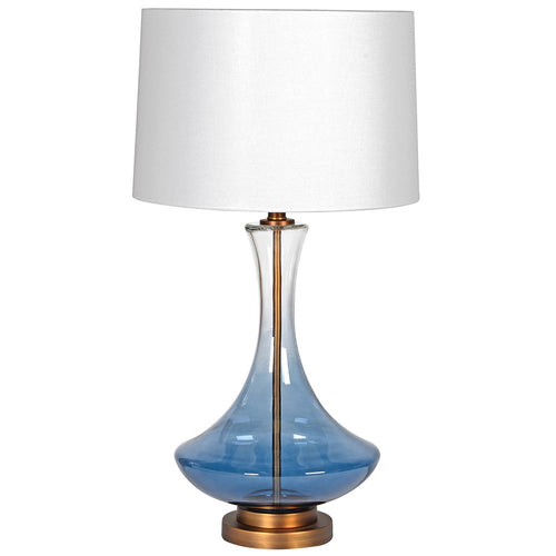 Glass ombre coloured lamp base with a darker blue base fading to clear nearer the white shade. The lamp is centred onto a gilt base. Classic contemporary look.Blue Glass Table Lamp