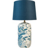 A beautiful vintage blue ceramic lamp base with exotic bird floral design.&nbsp; This lamp comes with a smart dark blue linen lamp shade included.&nbsp; A stylish look for a classic country home.  H: 70 cm W: 38 cm